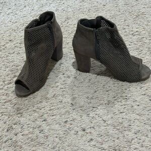 Dark taupe open toe booties side zipper